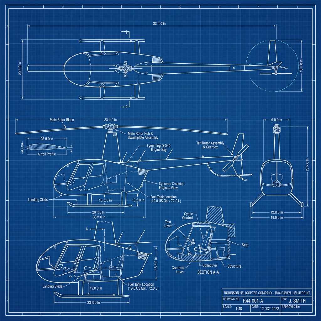 Robinson R44 Raven II multi-view blueprint showing top, side, front and section views with labeled rotor, mast, engine bay and tail rotor assemblies